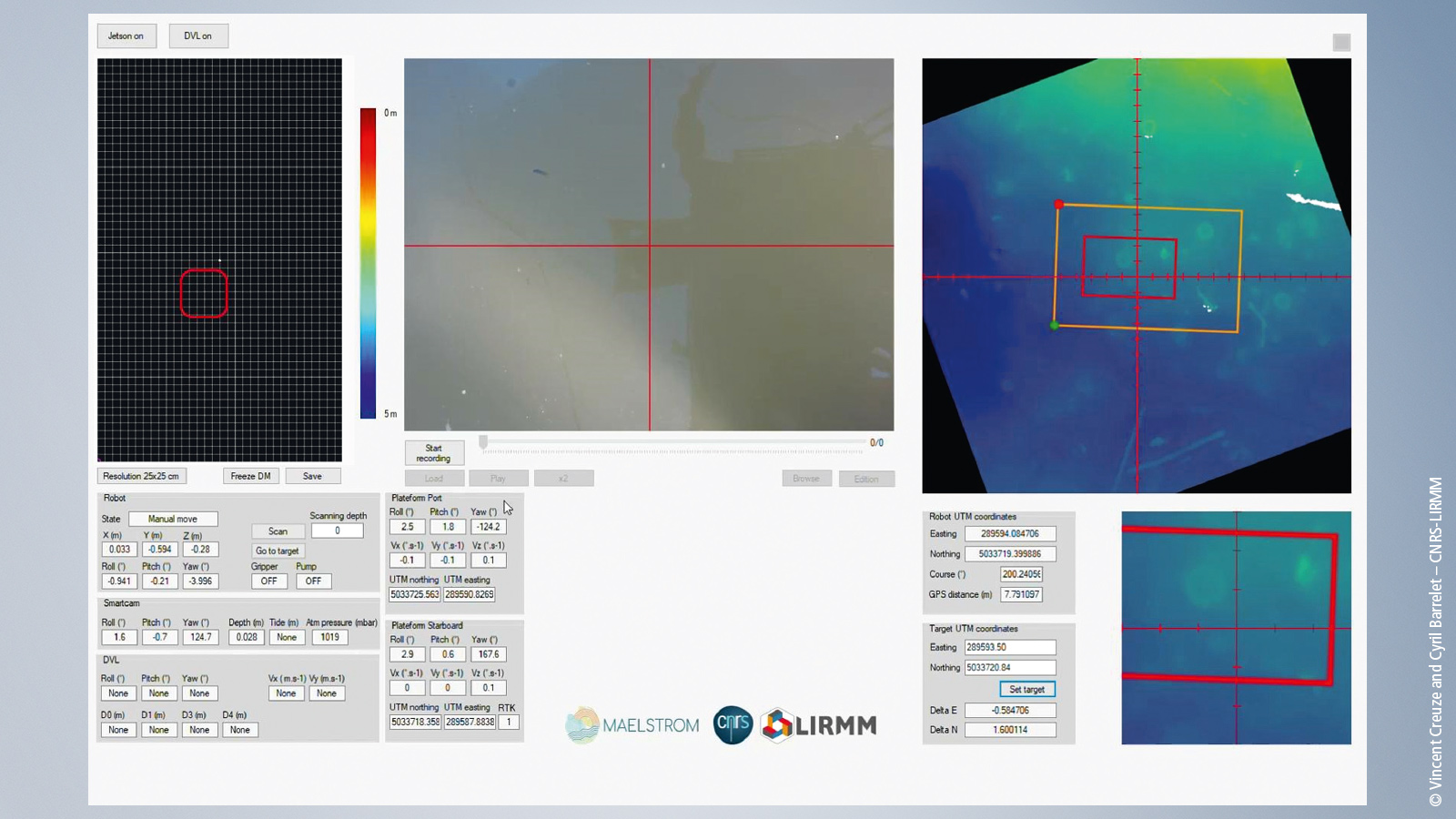 手動控制顯示屏：操作人員可以看到水深測量地形圖。該圖定位在機器人平臺的內部區(qū)域（橙色矩形）的中心。紅色矩形表示安全工作區(qū)域，機器人平臺與纜索之間不會發(fā)生碰撞。下方區(qū)域表示鋼纜的拉伸應力。 